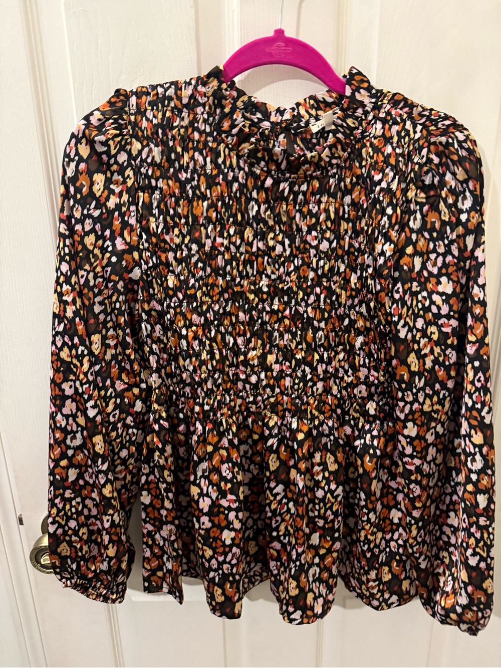 JODIFL Black Floral Smocked Peplum Blouse with Pink & Orange Accents